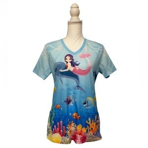 Mermaid & Dolphin Underwater Print Nursing Medical Scrub Top Women’s Small